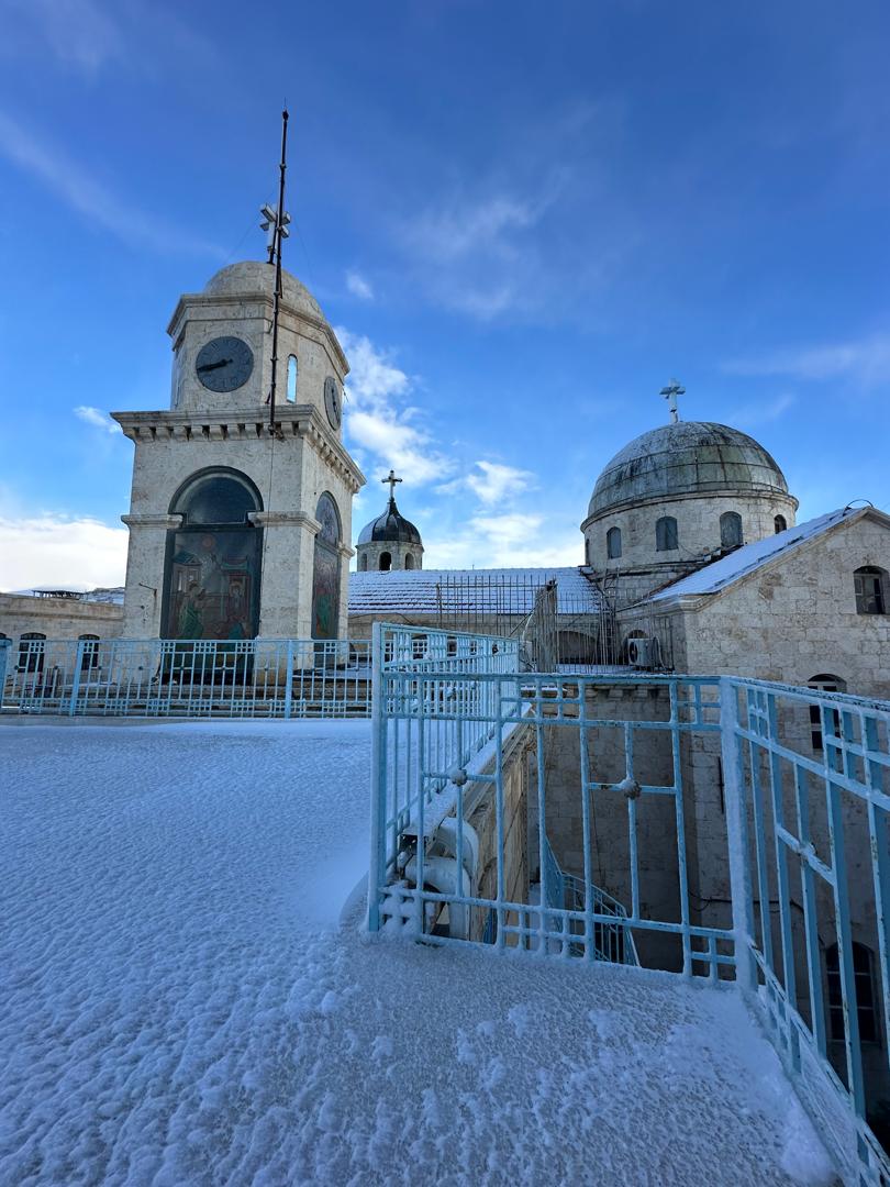 Snow around a monastery in Sednaya Syria