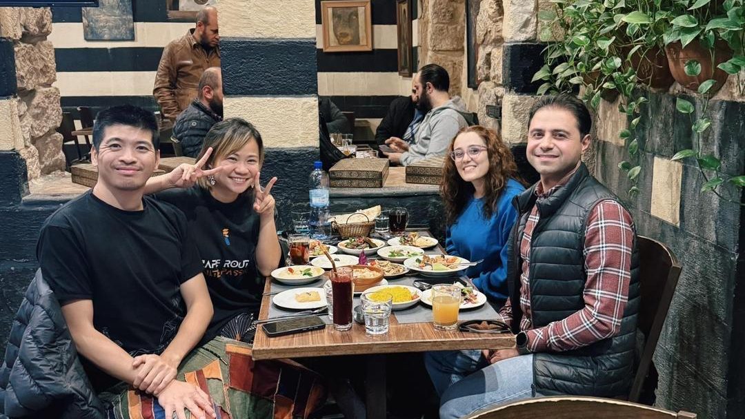 Syrian Guides with guests having dinner at a restaurant in Damascus