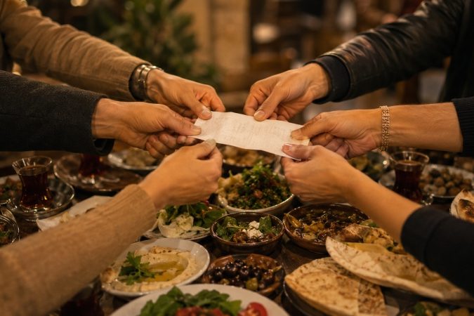 group of people pulling the bill in a restaurant in Syria