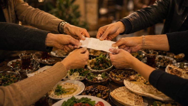 group of people pulling the bill in a restaurant in Syria